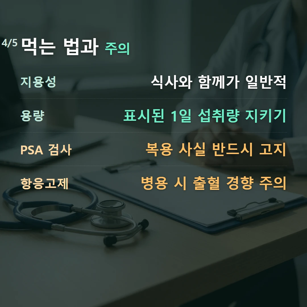 먹는 법과 주의 — 지용성 식사와 함께가 일반적, 용량 표시된 1일 섭취량 지키기, PSA 검사 복용 사실 반드시 고지, 항응고제 병용 시 출혈 경향 주의