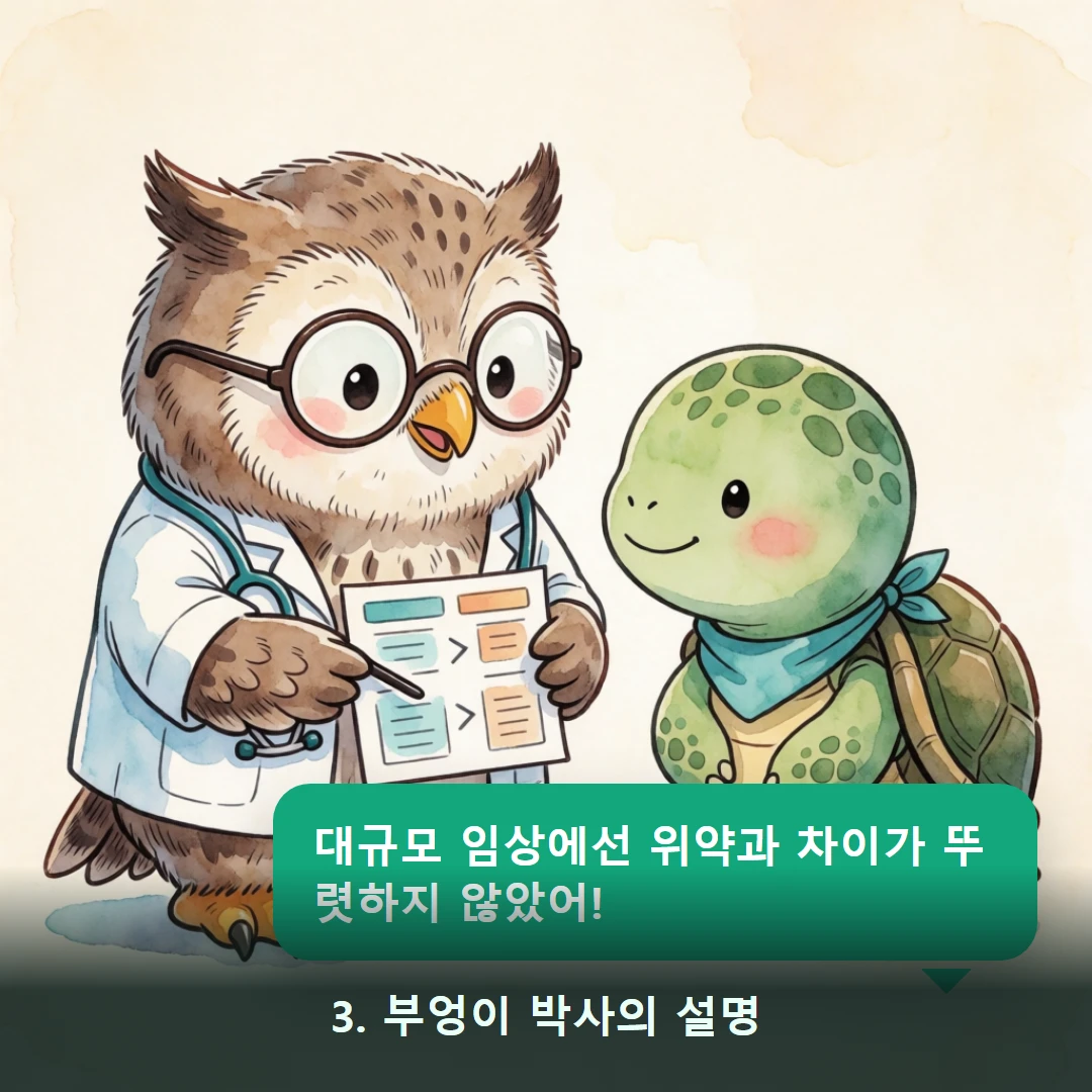 웹툰 3컷 — 3. 부엉이 박사의 설명 (대규모 임상에선 위약과 차이가 뚜렷하지 않았어!)