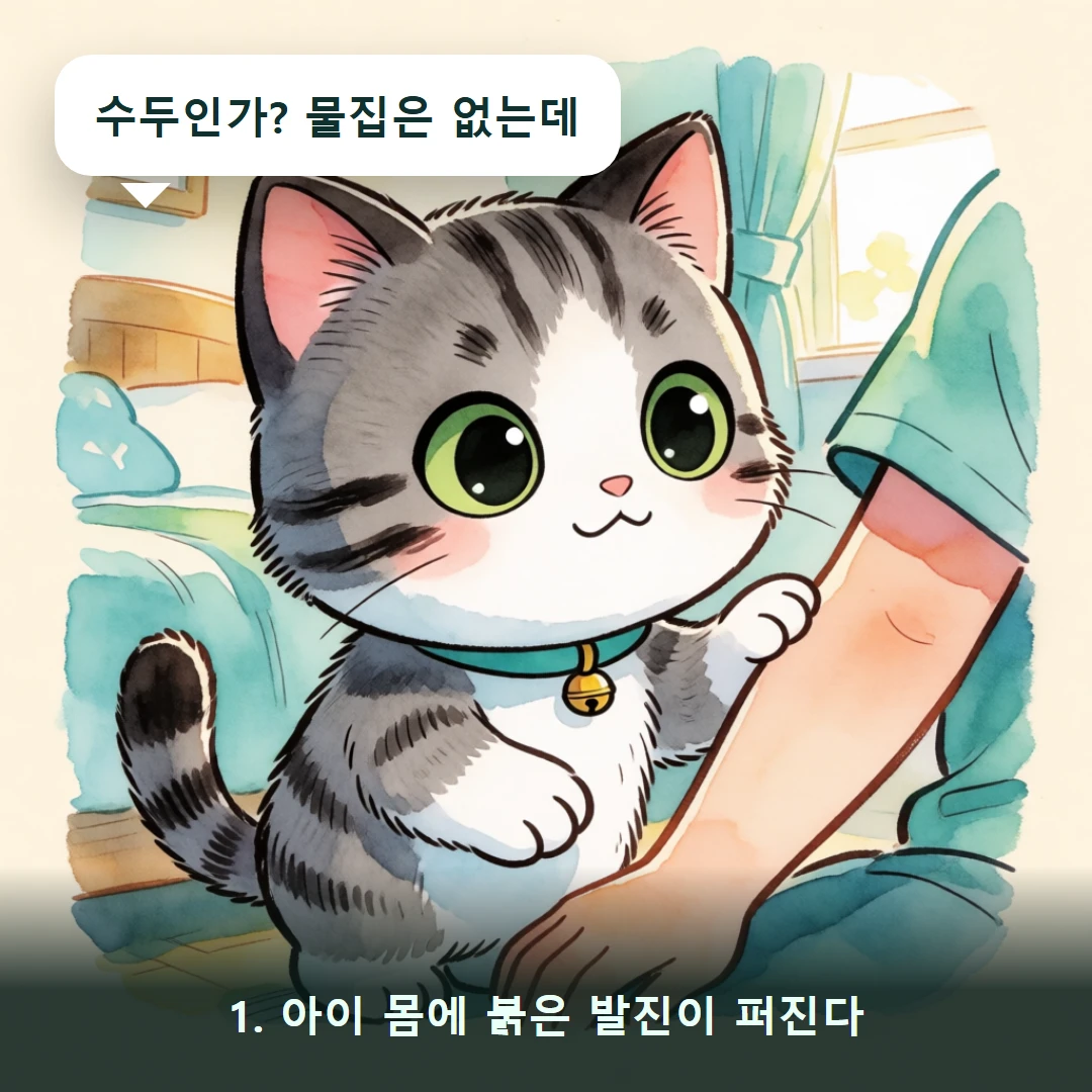 웹툰 1컷 — 1. 아이 몸에 붉은 발진이 퍼진다 (수두인가? 물집은 없는데)