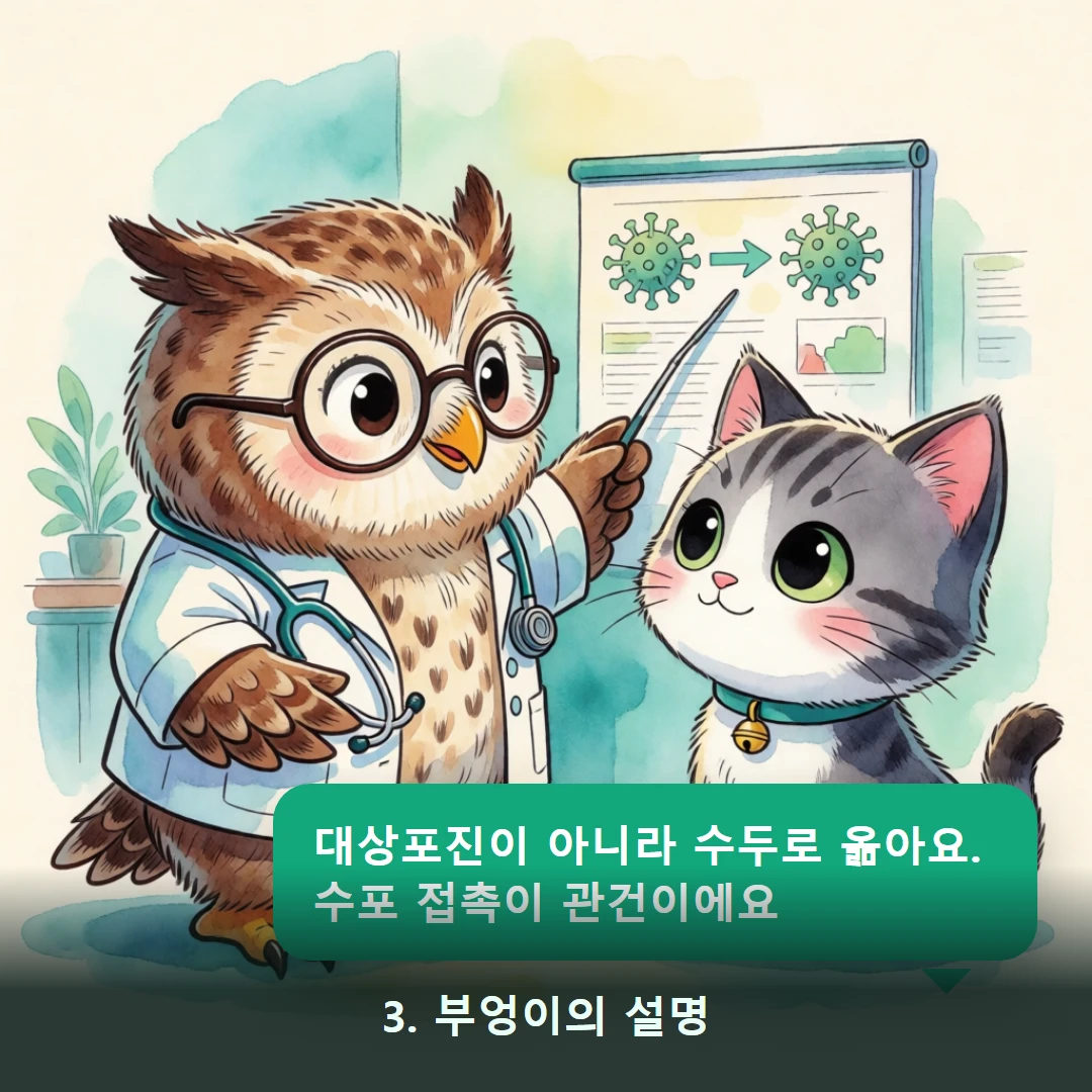 웹툰 3컷 — 3. 부엉이의 설명 (대상포진이 아니라 수두로 옮아요. 수포 접촉이 관건이에요)