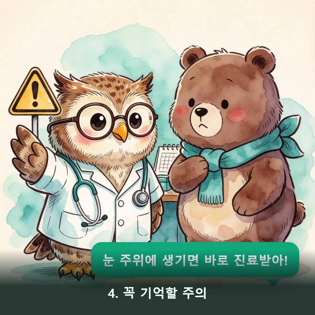 웹툰 4컷 — 4. 꼭 기억할 주의 (눈 주위에 생기면 바로 진료받아!)