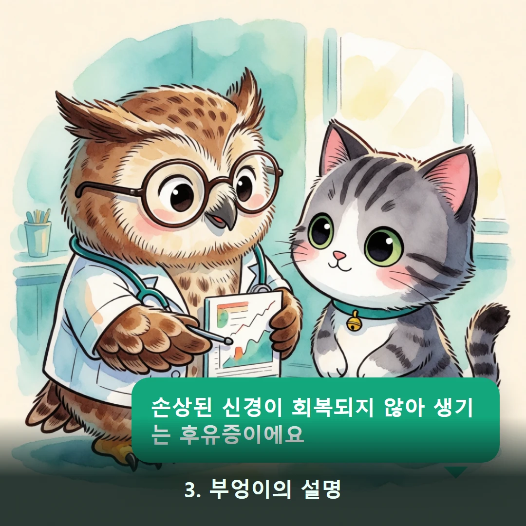 웹툰 3컷 — 3. 부엉이의 설명 (손상된 신경이 회복되지 않아 생기는 후유증이에요)