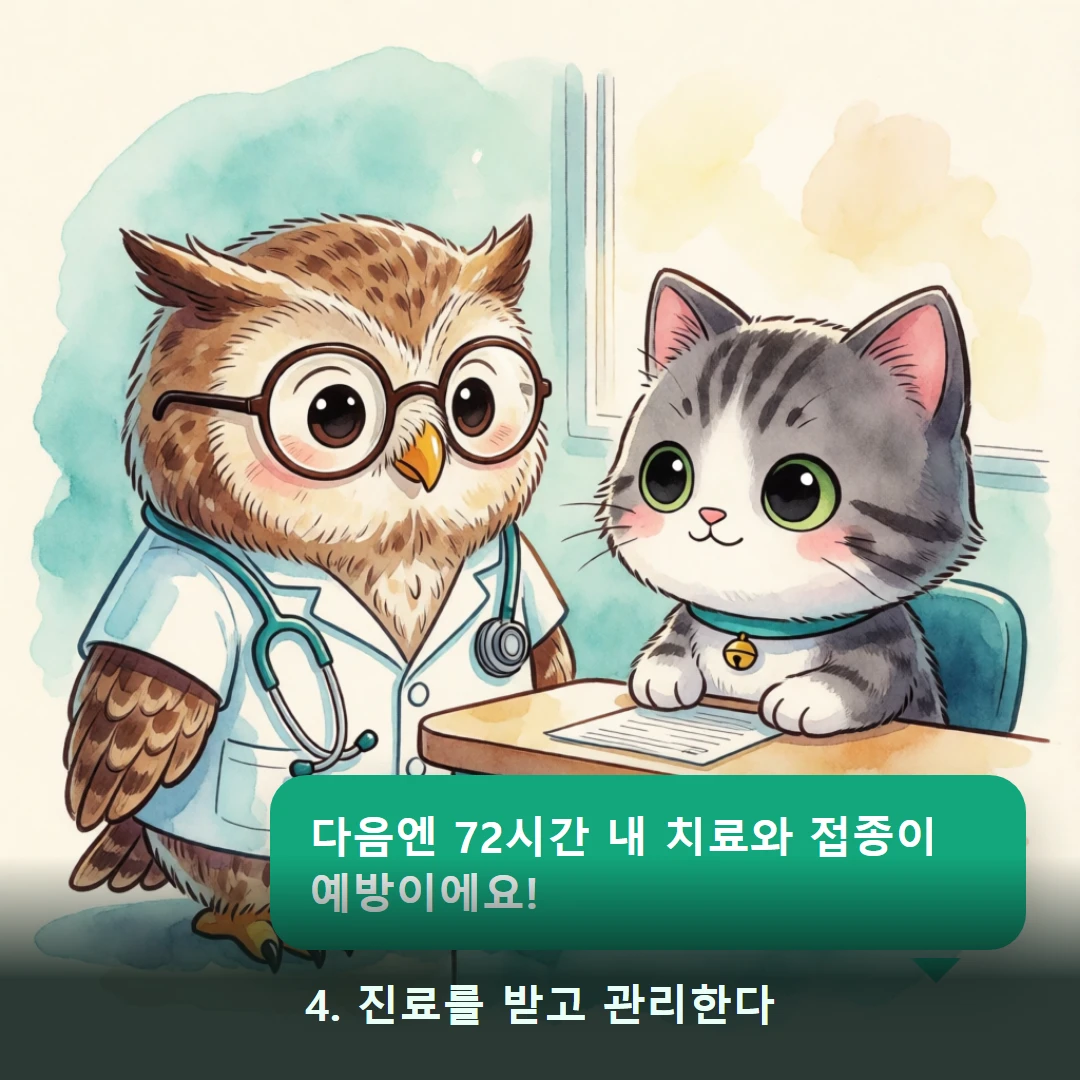 웹툰 4컷 — 4. 진료를 받고 관리한다 (다음엔 72시간 내 치료와 접종이 예방이에요!)
