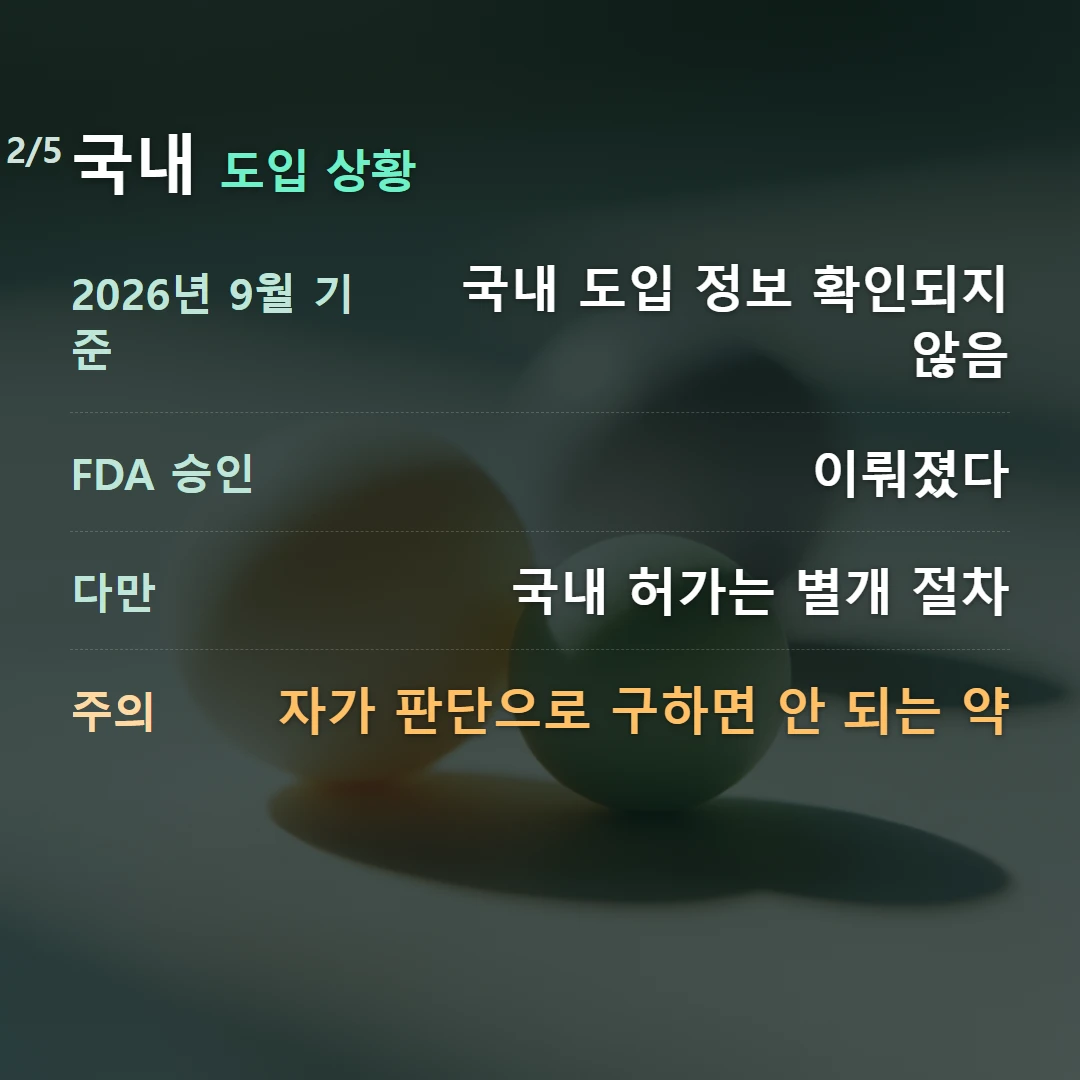 국내 도입 상황 — 2026년 9월 기준 국내 도입 정보 확인되지 않음, FDA 승인 이뤄졌다, 다만 국내 허가는 별개 절차, 주의 자가 판단으로 구하면 안 되는 약
