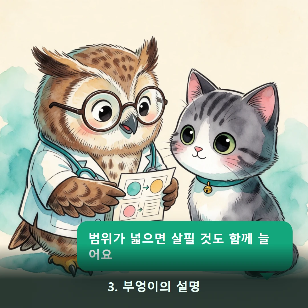 웹툰 3컷 — 3. 부엉이의 설명 (범위가 넓으면 살필 것도 함께 늘어요)