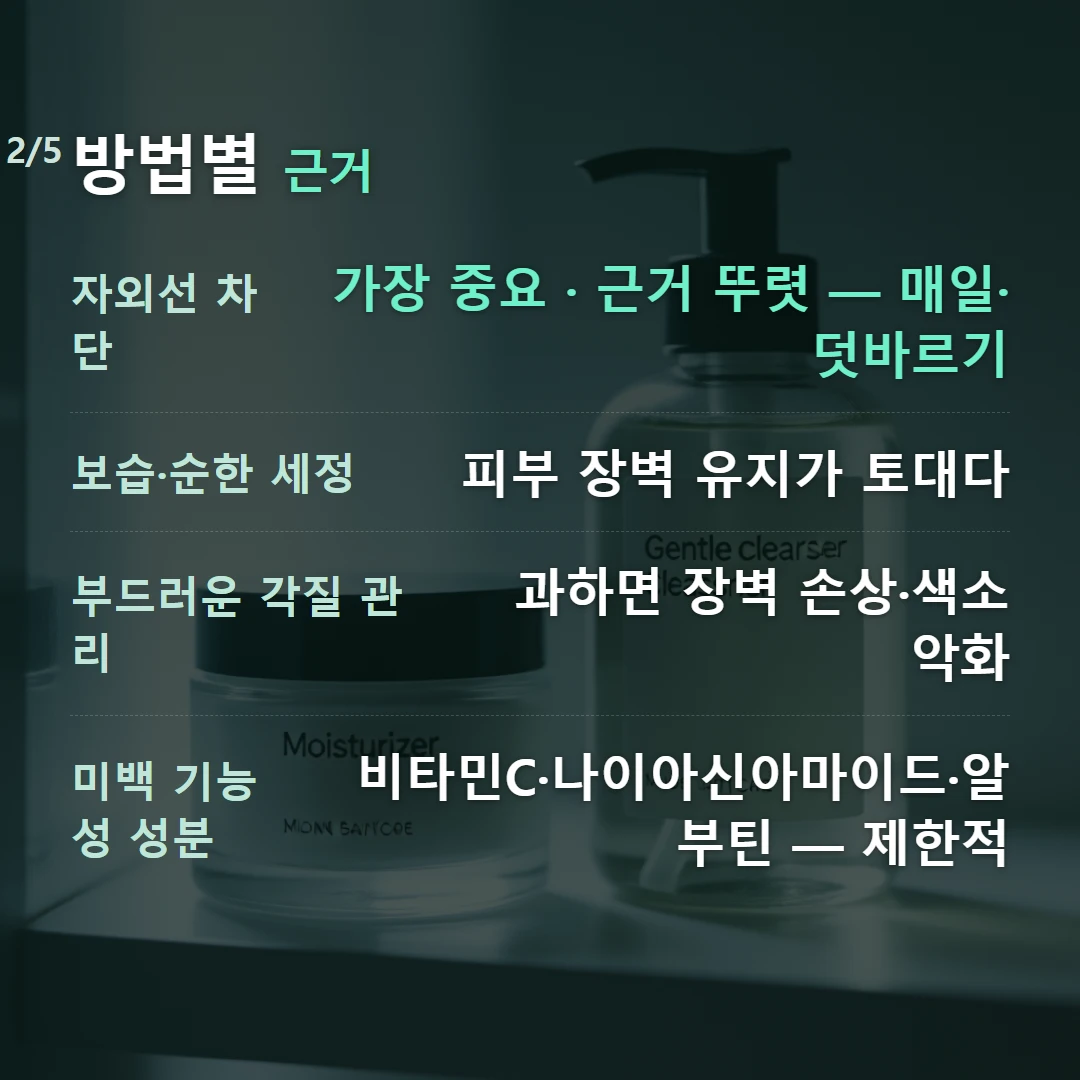 방법별 근거 — 자외선 차단 가장 중요 · 근거 뚜렷 — 매일·덧바르기, 보습·순한 세정 피부 장벽 유지가 토대다, 부드러운 각질 관리 과하면 장벽 손상·색소 악화, 미백 기능성 성분 비타민C·나이아신아마이드·알부틴 — 제한적