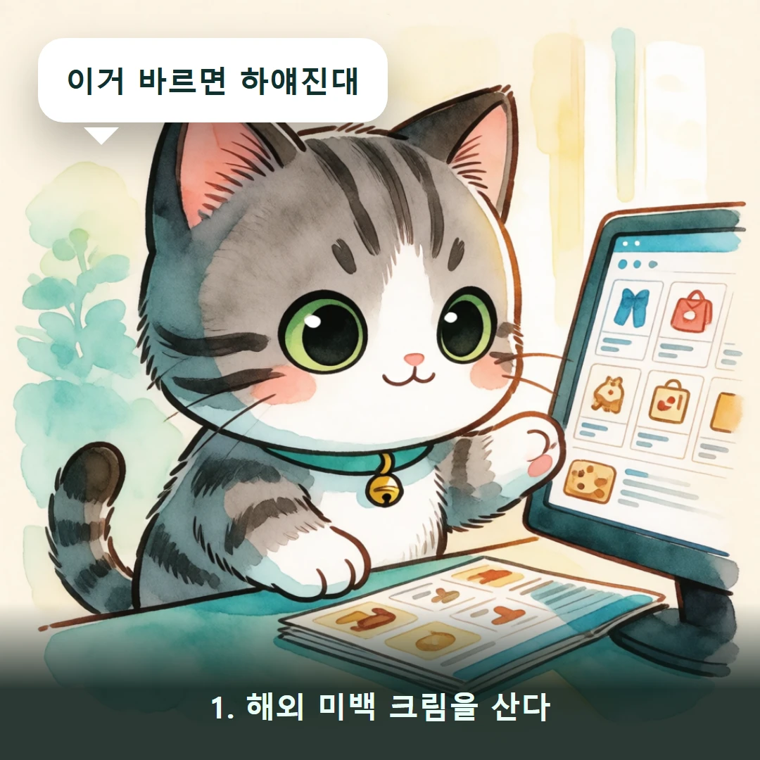 웹툰 1컷 — 1. 해외 미백 크림을 산다 (이거 바르면 하얘진대)