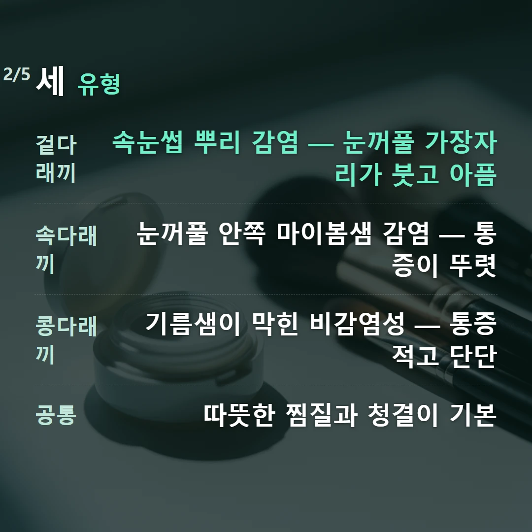 세 유형 — 겉다래끼 속눈썹 뿌리 감염 — 눈꺼풀 가장자리가 붓고 아픔, 속다래끼 눈꺼풀 안쪽 마이봄샘 감염 — 통증이 뚜렷, 콩다래끼 기름샘이 막힌 비감염성 — 통증 적고 단단, 공통 따뜻한 찜질과 청결이 기본