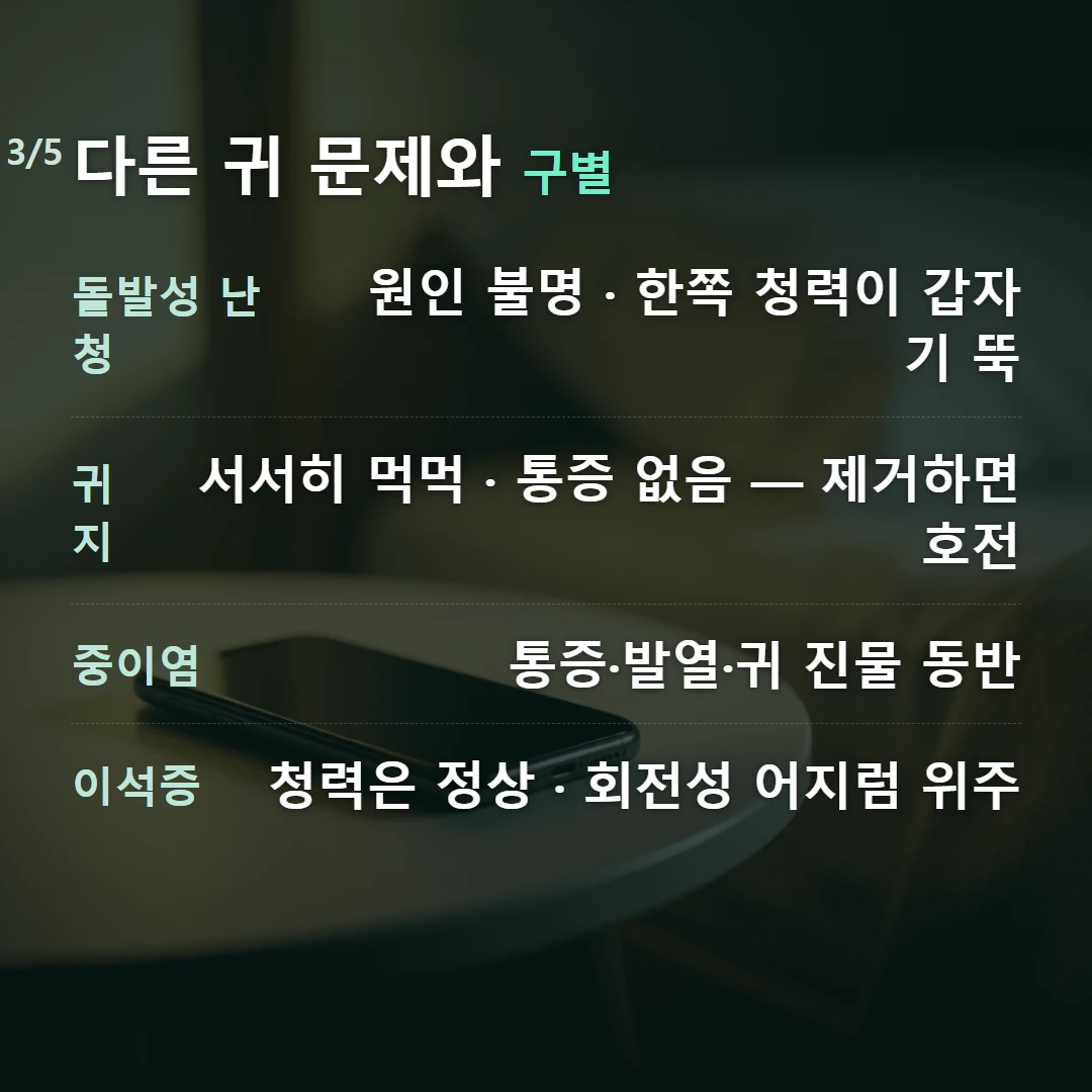 다른 귀 문제와 구별 — 돌발성 난청 원인 불명 · 한쪽 청력이 갑자기 뚝, 귀지 서서히 먹먹 · 통증 없음 — 제거하면 호전, 중이염 통증·발열·귀 진물 동반, 이석증 청력은 정상 · 회전성 어지럼 위주