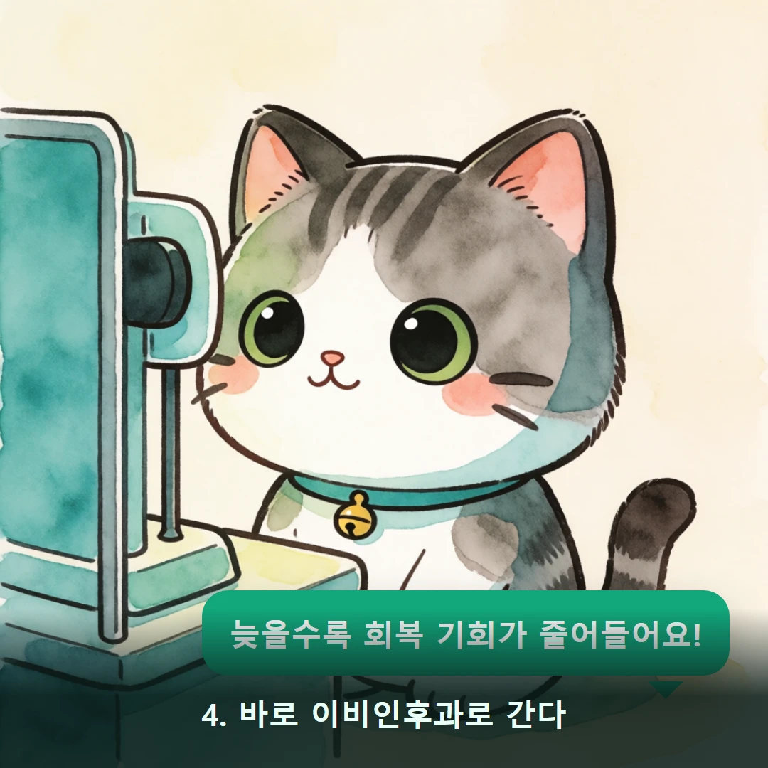 웹툰 4컷 — 4. 바로 이비인후과로 간다 (늦을수록 회복 기회가 줄어들어요!)