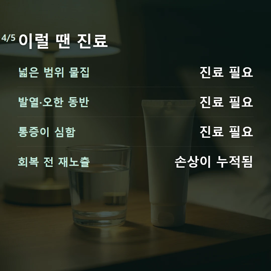 이럴 땐 진료 — 넓은 범위 물집 진료 필요, 발열·오한 동반 진료 필요, 통증이 심함 진료 필요, 회복 전 재노출 손상이 누적됨