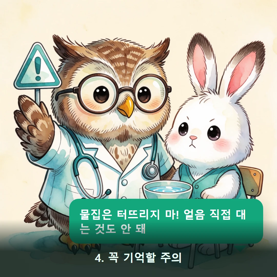 웹툰 4컷 — 4. 꼭 기억할 주의 (물집은 터뜨리지 마! 얼음 직접 대는 것도 안 돼)