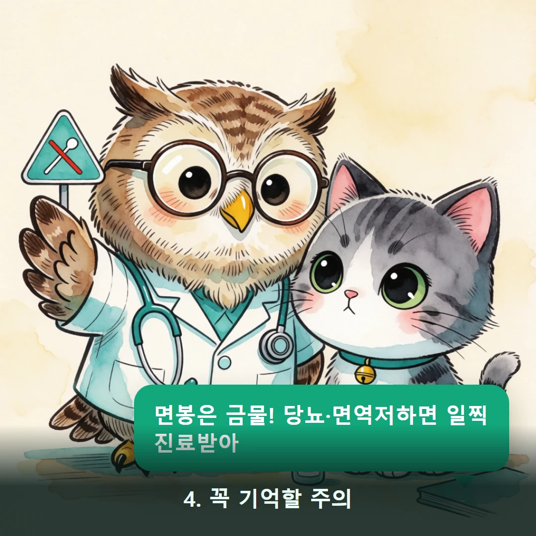 웹툰 4컷 — 4. 꼭 기억할 주의 (면봉은 금물! 당뇨·면역저하면 일찍 진료받아)