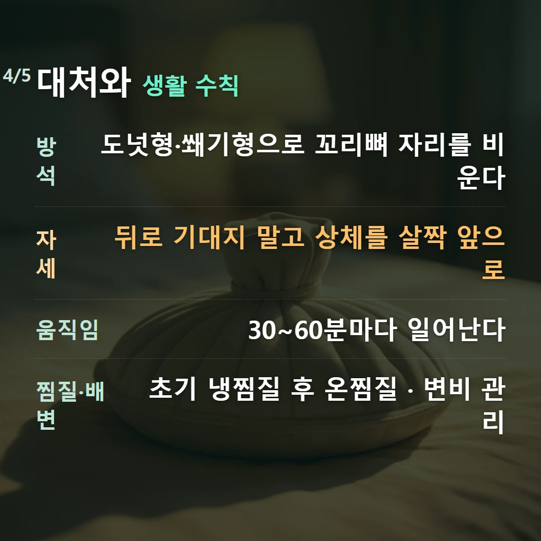 대처와 생활 수칙 — 방석 도넛형·쐐기형으로 꼬리뼈 자리를 비운다, 자세 뒤로 기대지 말고 상체를 살짝 앞으로, 움직임 30~60분마다 일어난다, 찜질·배변 초기 냉찜질 후 온찜질 · 변비 관리