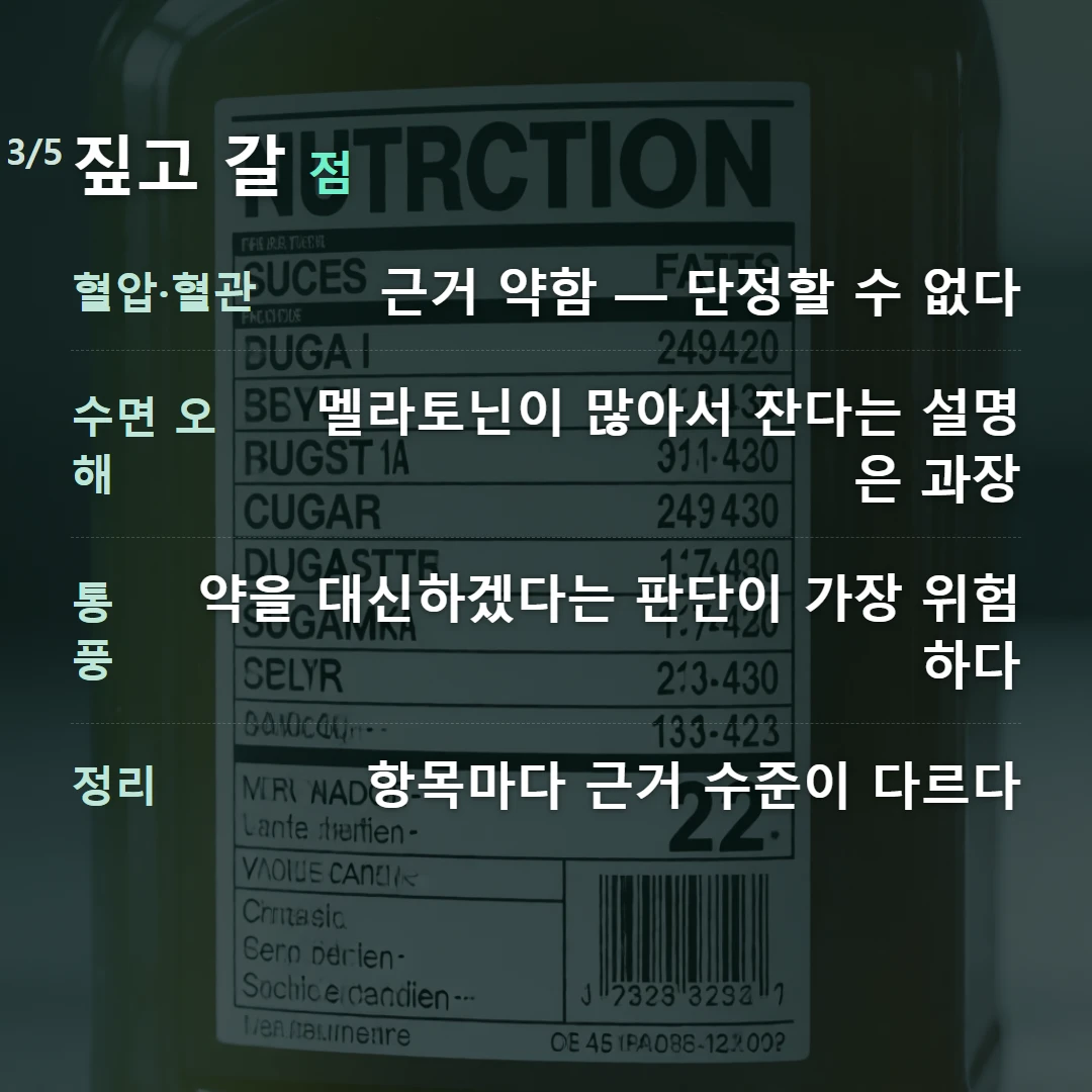 짚고 갈 점 — 혈압·혈관 근거 약함 — 단정할 수 없다, 수면 오해 멜라토닌이 많아서 잔다는 설명은 과장, 통풍 약을 대신하겠다는 판단이 가장 위험하다, 정리 항목마다 근거 수준이 다르다