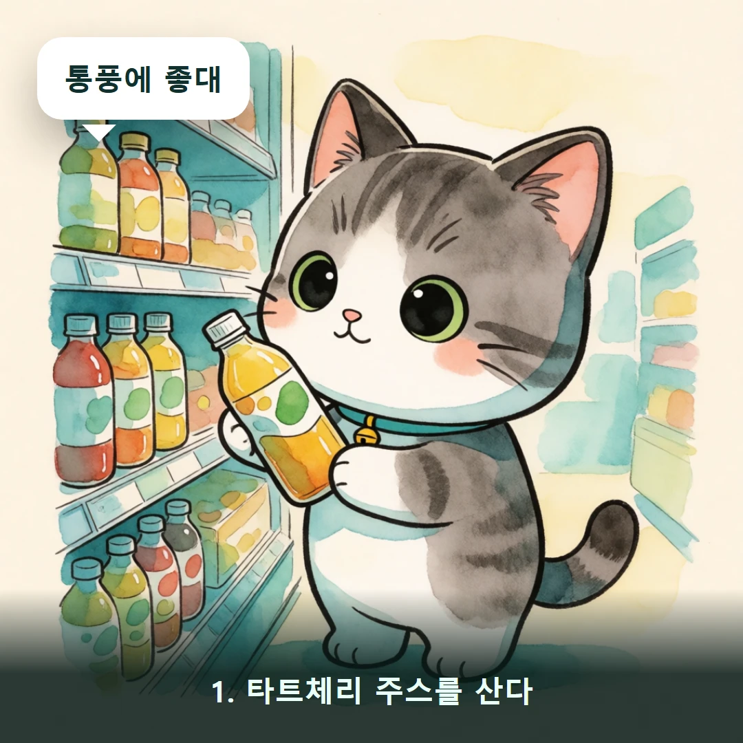 웹툰 1컷 — 1. 타트체리 주스를 산다 (통풍에 좋대)