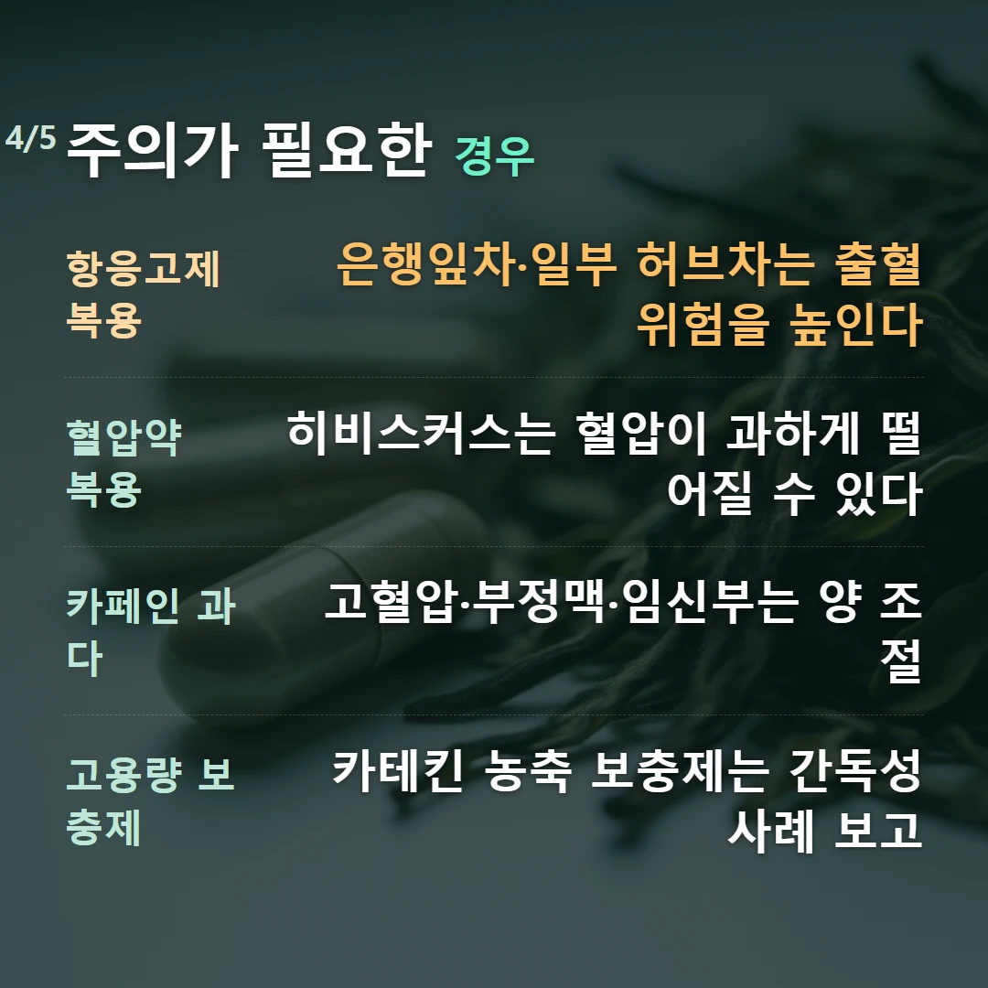 주의가 필요한 경우 — 항응고제 복용 은행잎차·일부 허브차는 출혈 위험을 높인다, 혈압약 복용 히비스커스는 혈압이 과하게 떨어질 수 있다, 카페인 과다 고혈압·부정맥·임신부는 양 조절, 고용량 보충제 카테킨 농축 보충제는 간독성 사례 보고
