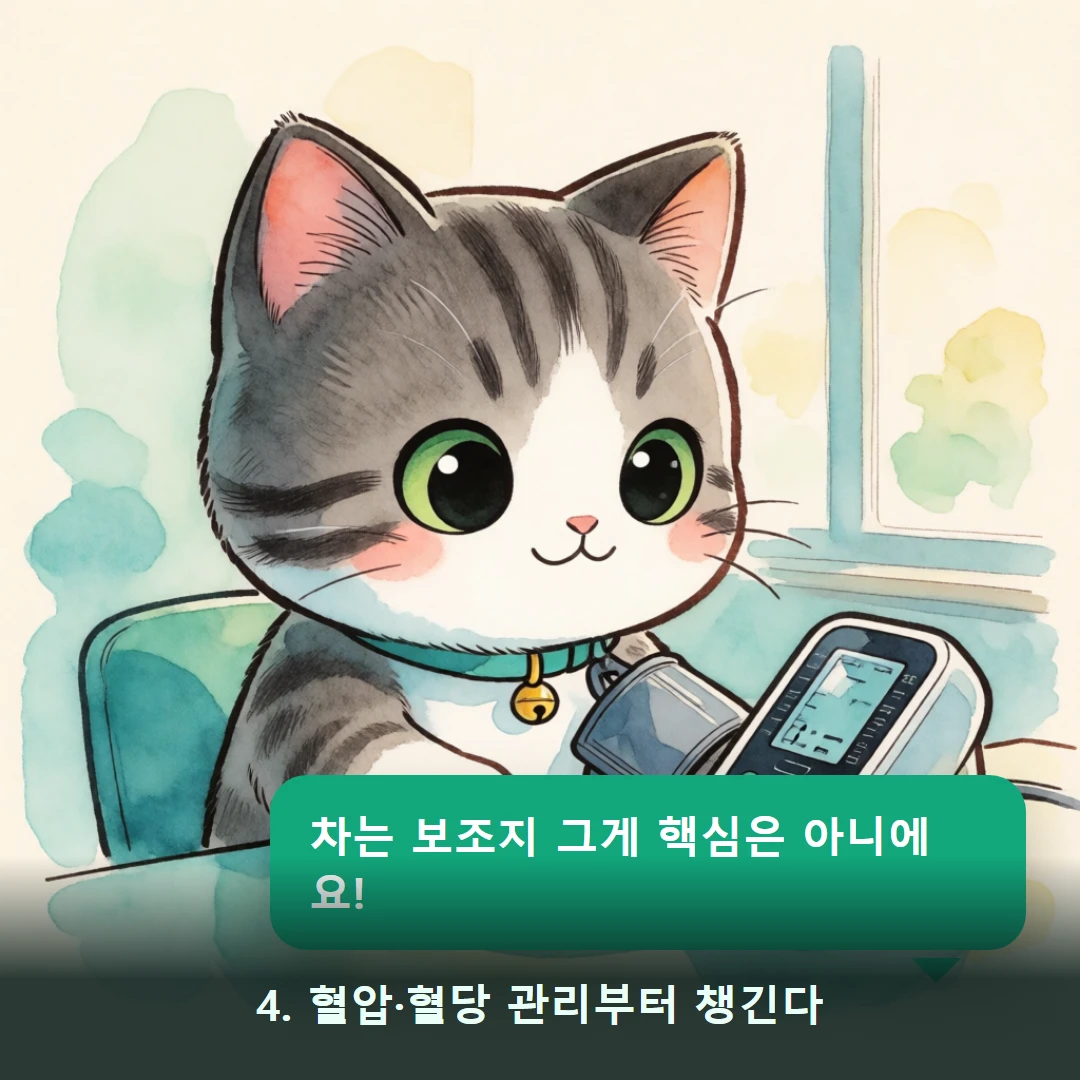 웹툰 4컷 — 4. 혈압·혈당 관리부터 챙긴다 (차는 보조지 그게 핵심은 아니에요!)