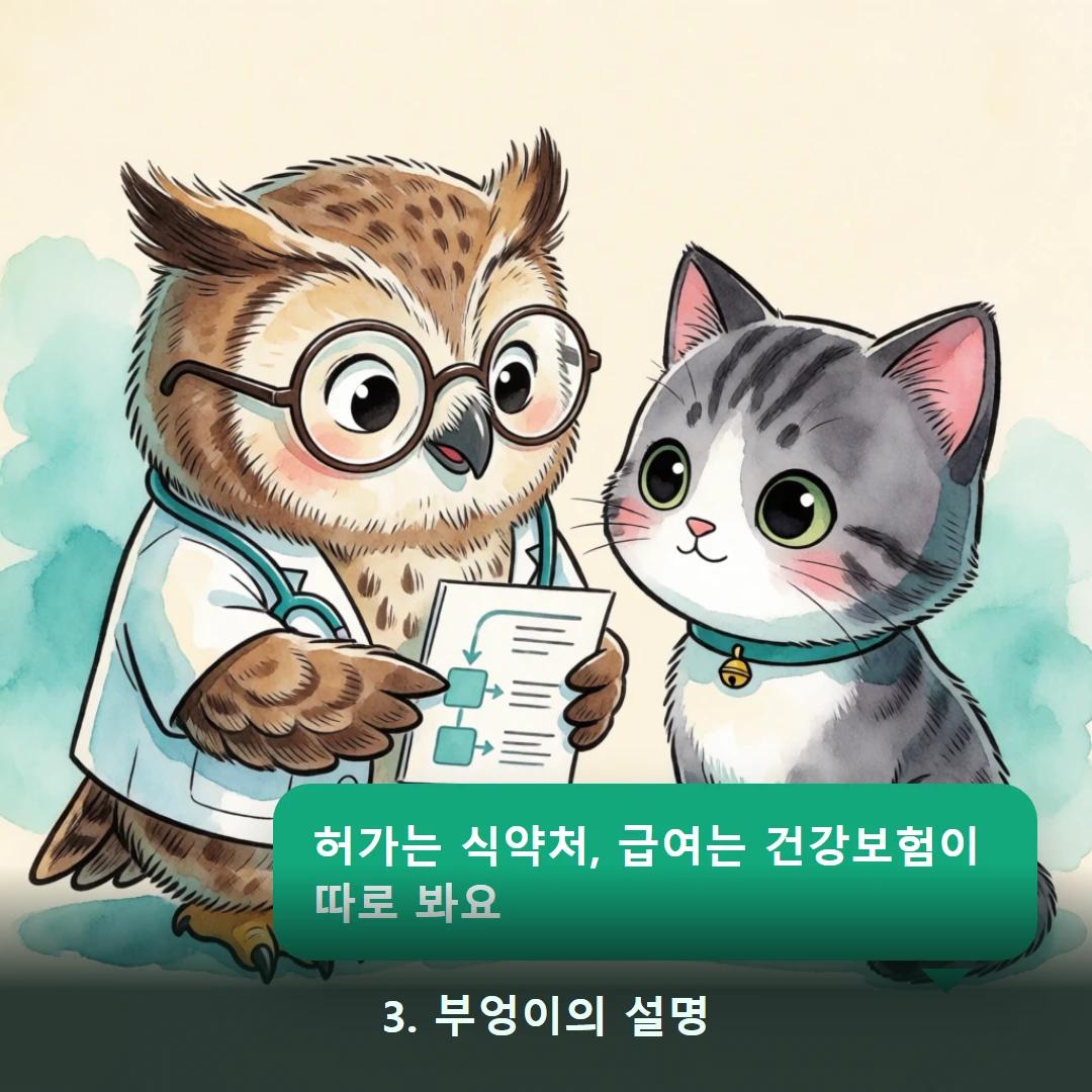 웹툰 3컷 — 3. 부엉이의 설명 (허가는 식약처, 급여는 건강보험이 따로 봐요)