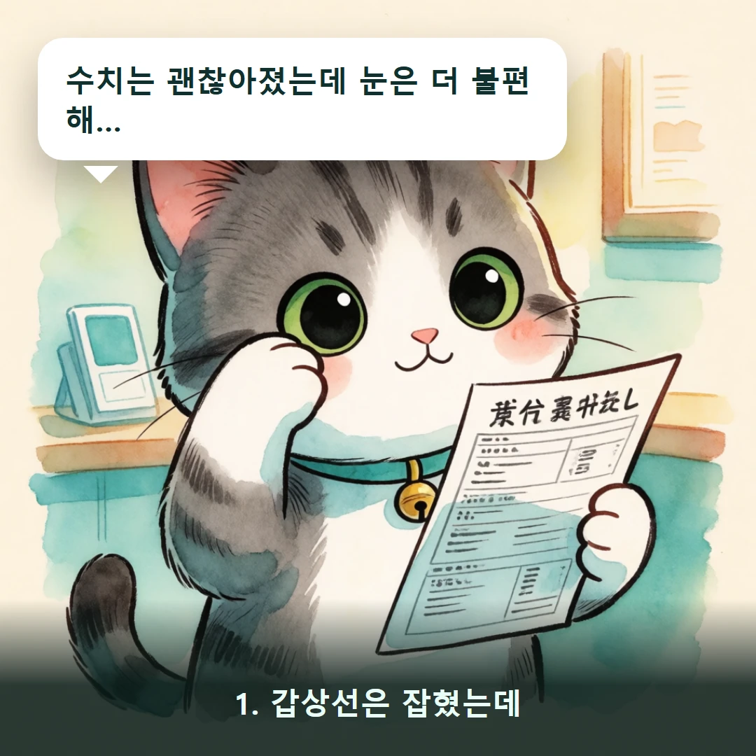 웹툰 1컷 — 1. 갑상선은 잡혔는데 (수치는 괜찮아졌는데 눈은 더 불편해…)