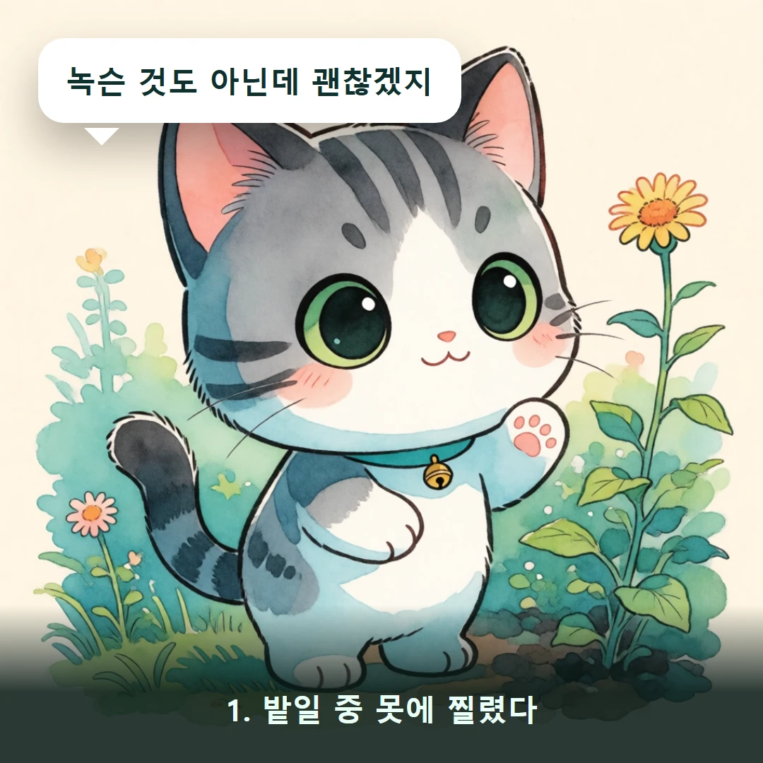웹툰 1컷 — 1. 밭일 중 못에 찔렸다 (녹슨 것도 아닌데 괜찮겠지)