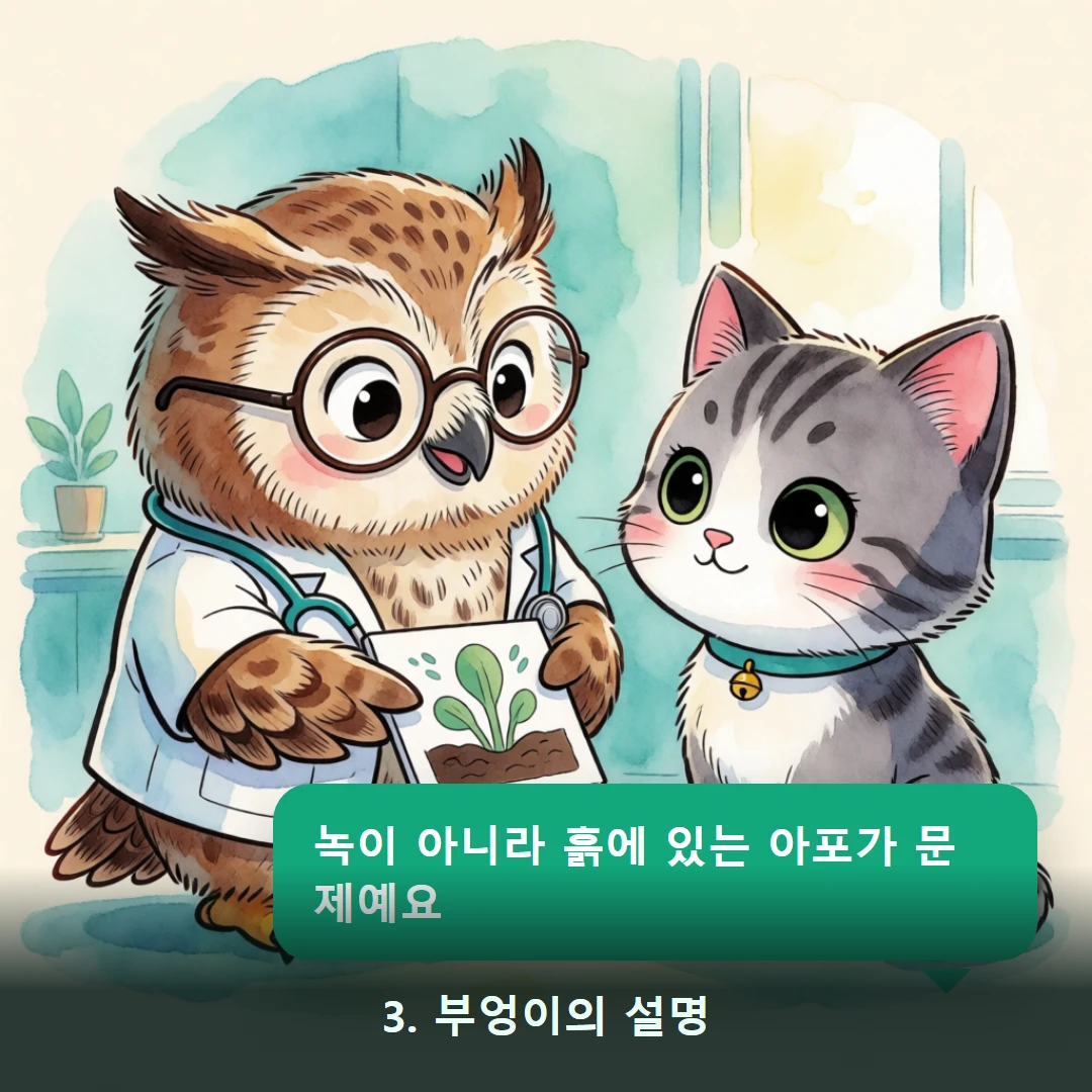 웹툰 3컷 — 3. 부엉이의 설명 (녹이 아니라 흙에 있는 아포가 문제예요)