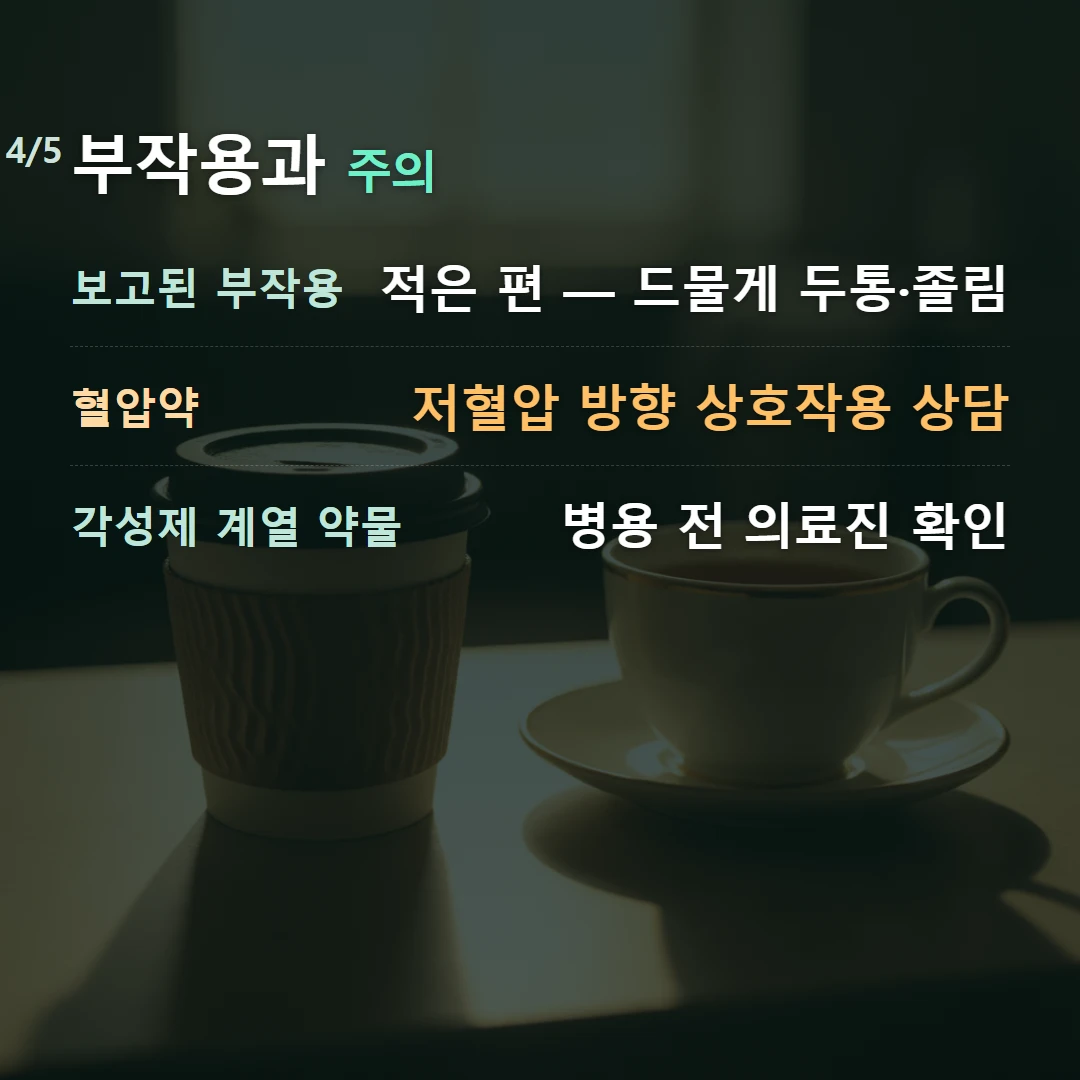 부작용과 주의 — 보고된 부작용 적은 편 — 드물게 두통·졸림, 혈압약 저혈압 방향 상호작용 상담, 각성제 계열 약물 병용 전 의료진 확인