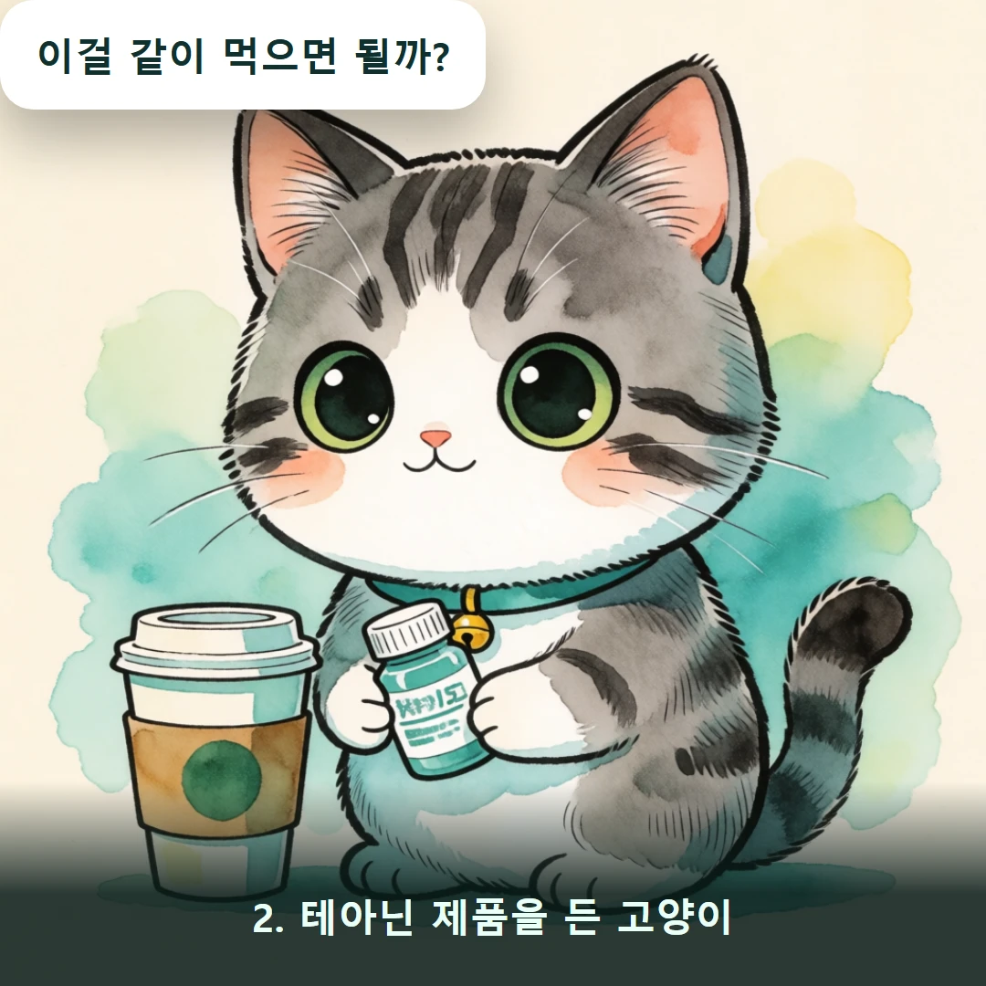 웹툰 2컷 — 2. 테아닌 제품을 든 고양이 (이걸 같이 먹으면 될까?)