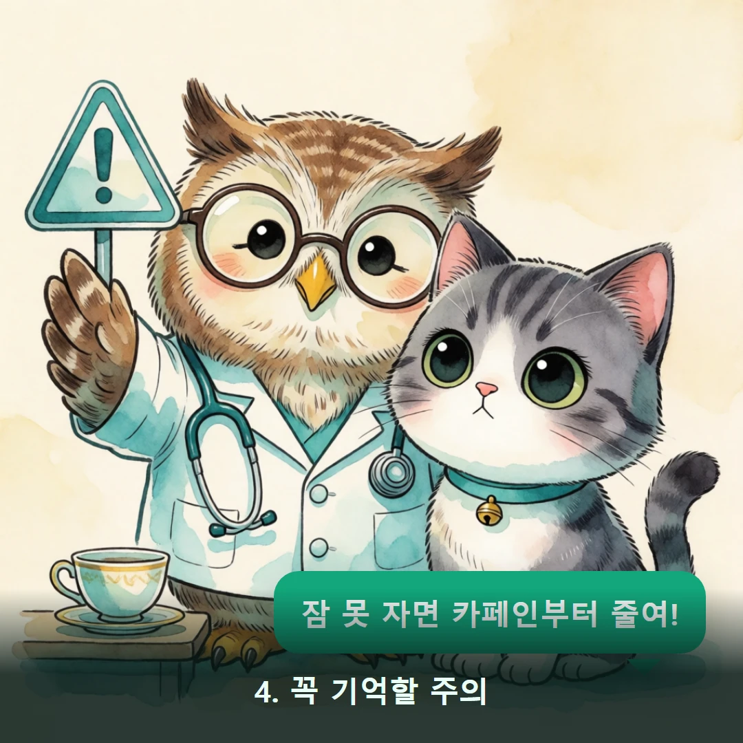 웹툰 4컷 — 4. 꼭 기억할 주의 (잠 못 자면 카페인부터 줄여!)