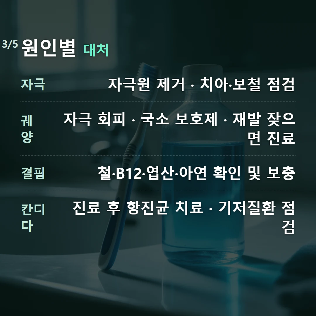 원인별 대처 — 자극 자극원 제거 · 치아·보철 점검, 궤양 자극 회피 · 국소 보호제 · 재발 잦으면 진료, 결핍 철·B12·엽산·아연 확인 및 보충, 칸디다 진료 후 항진균 치료 · 기저질환 점검