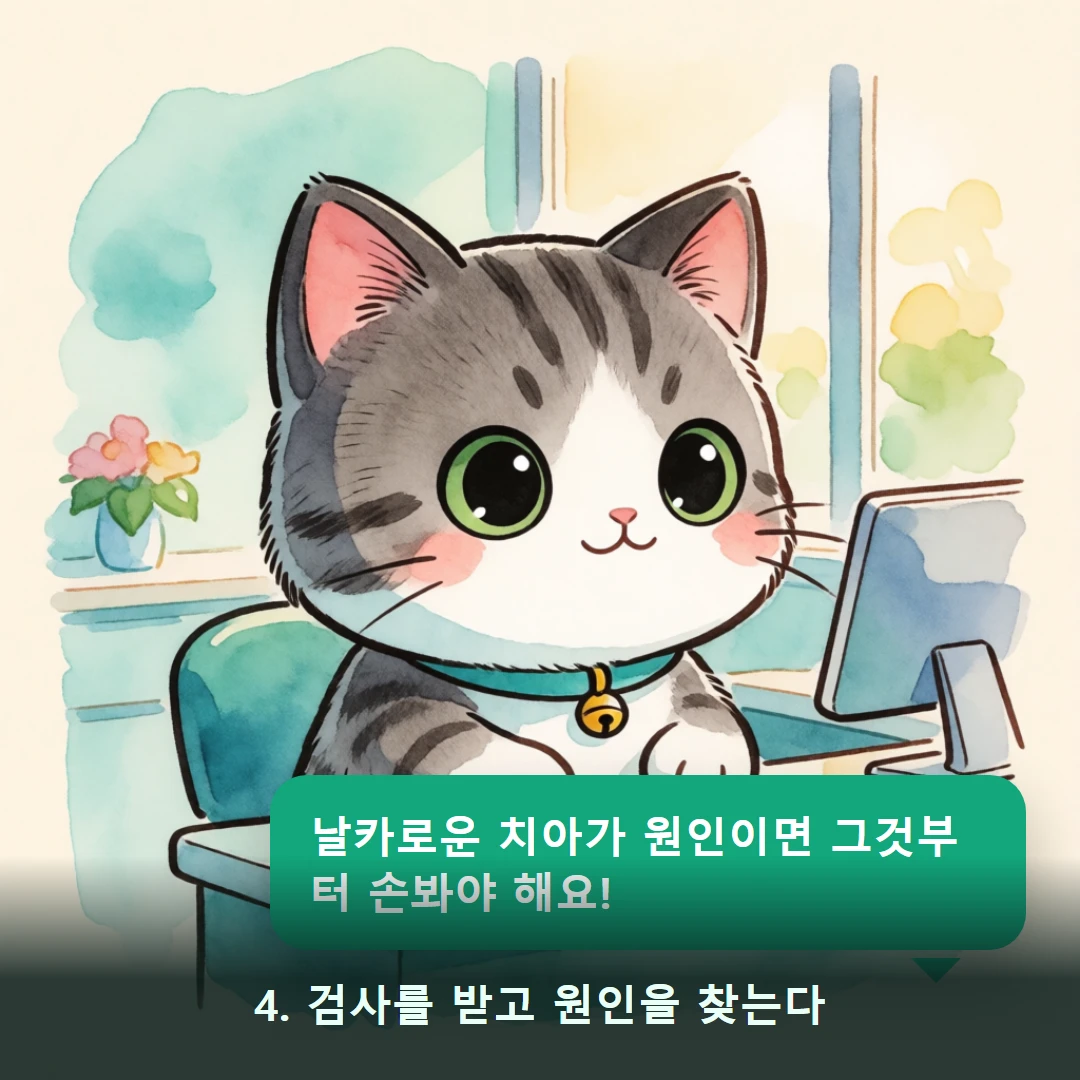 웹툰 4컷 — 4. 검사를 받고 원인을 찾는다 (날카로운 치아가 원인이면 그것부터 손봐야 해요!)