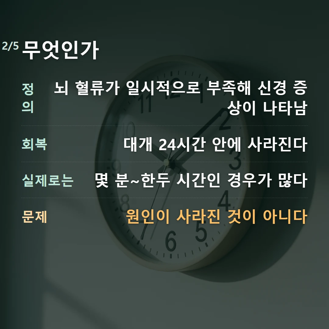 무엇인가 — 정의 뇌 혈류가 일시적으로 부족해 신경 증상이 나타남, 회복 대개 24시간 안에 사라진다, 실제로는 몇 분~한두 시간인 경우가 많다, 문제 원인이 사라진 것이 아니다