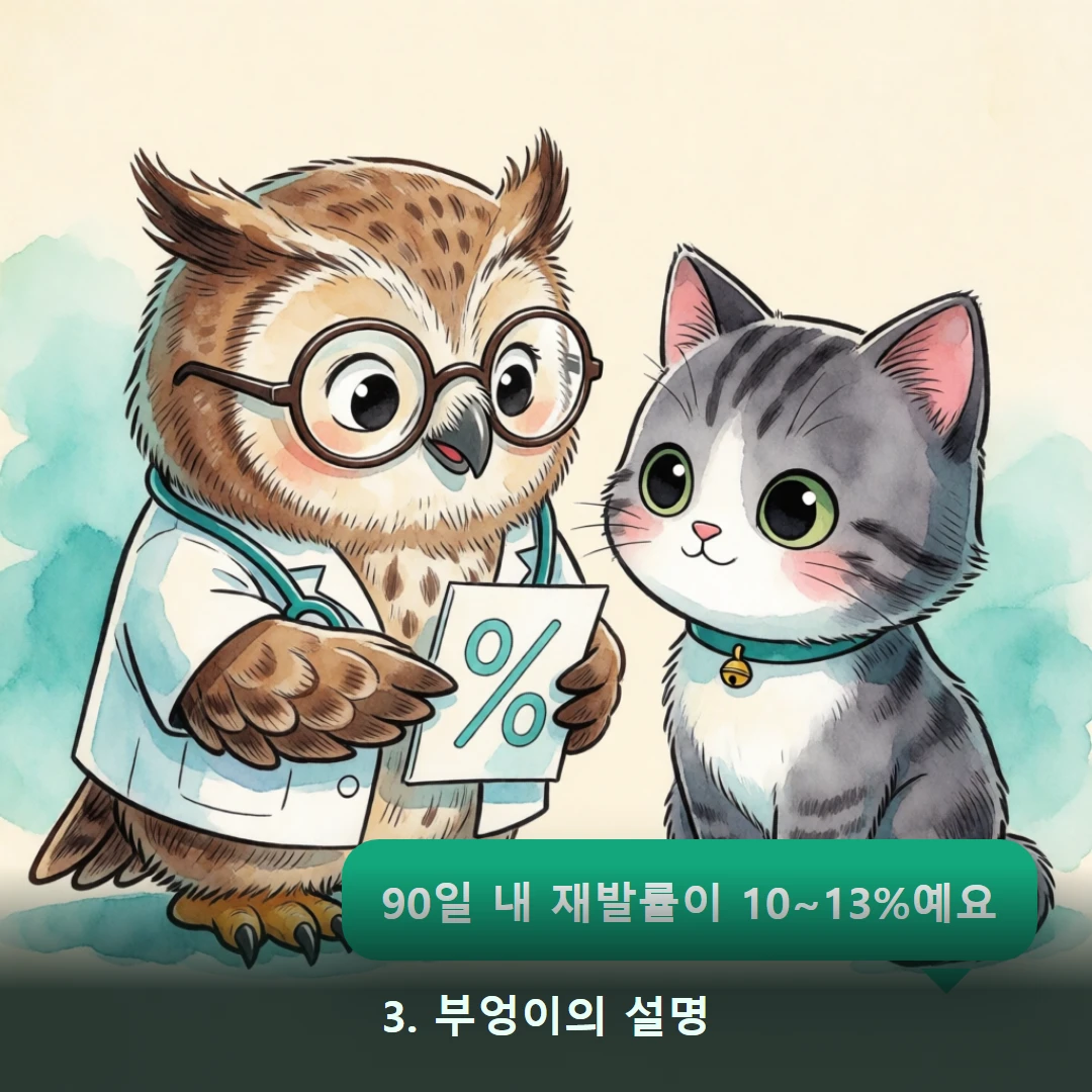 웹툰 3컷 — 3. 부엉이의 설명 (90일 내 재발률이 10~13%예요)