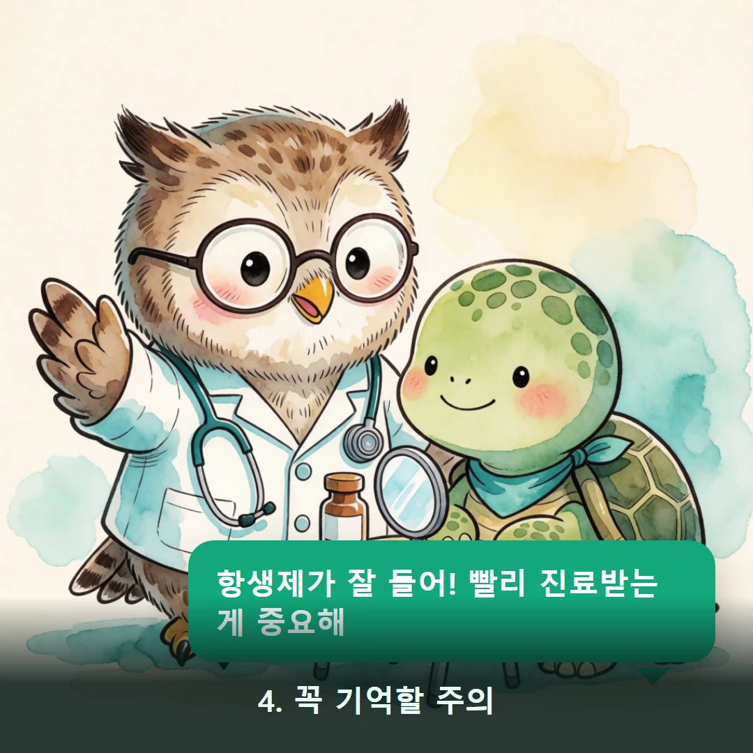 웹툰 4컷 — 4. 꼭 기억할 주의 (항생제가 잘 들어! 빨리 진료받는 게 중요해)
