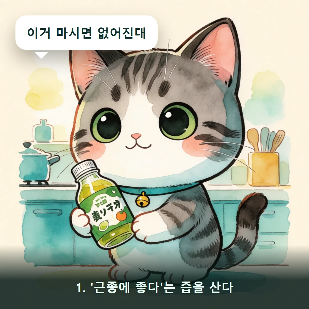 웹툰 1컷 — 1. '근종에 좋다'는 즙을 산다 (이거 마시면 없어진대)