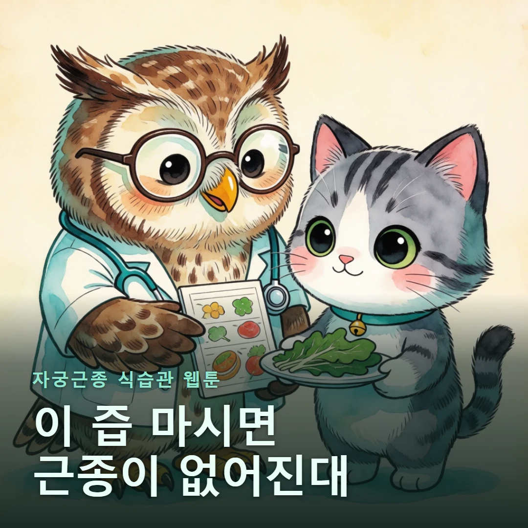 자궁근종 식습관 웹툰 표지 — 이 즙 마시면 근종이 없어진대
