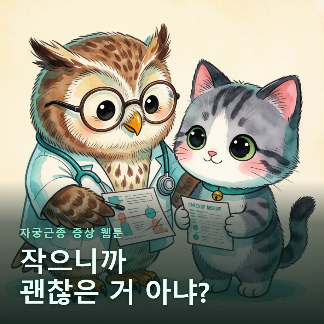 자궁근종 증상 웹툰 표지 — 작으니까 괜찮은 거 아냐?