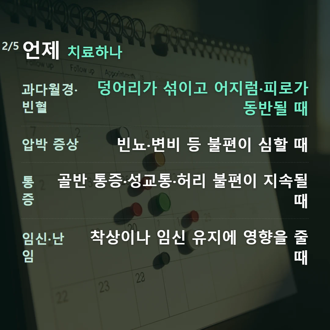 언제 치료하나 — 과다월경·빈혈 덩어리가 섞이고 어지럼·피로가 동반될 때, 압박 증상 빈뇨·변비 등 불편이 심할 때, 통증 골반 통증·성교통·허리 불편이 지속될 때, 임신·난임 착상이나 임신 유지에 영향을 줄 때