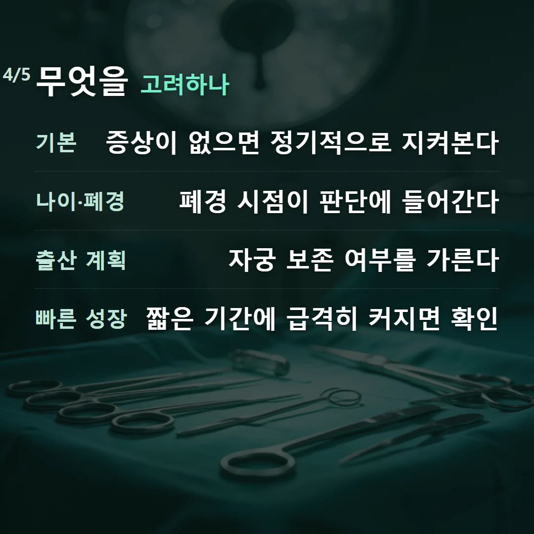 무엇을 고려하나 — 기본 증상이 없으면 정기적으로 지켜본다, 나이·폐경 폐경 시점이 판단에 들어간다, 출산 계획 자궁 보존 여부를 가른다, 빠른 성장 짧은 기간에 급격히 커지면 확인