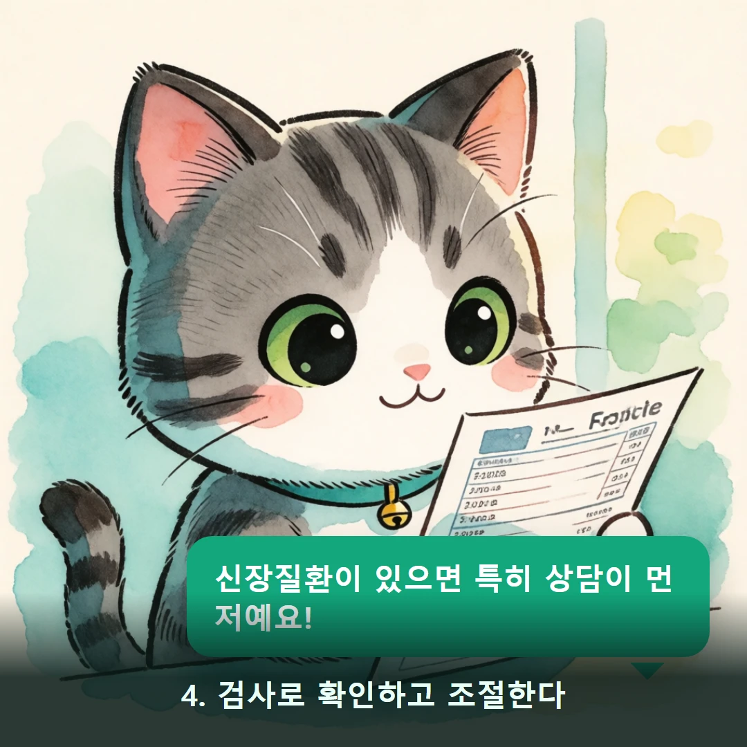웹툰 4컷 — 4. 검사로 확인하고 조절한다 (신장질환이 있으면 특히 상담이 먼저예요!)
