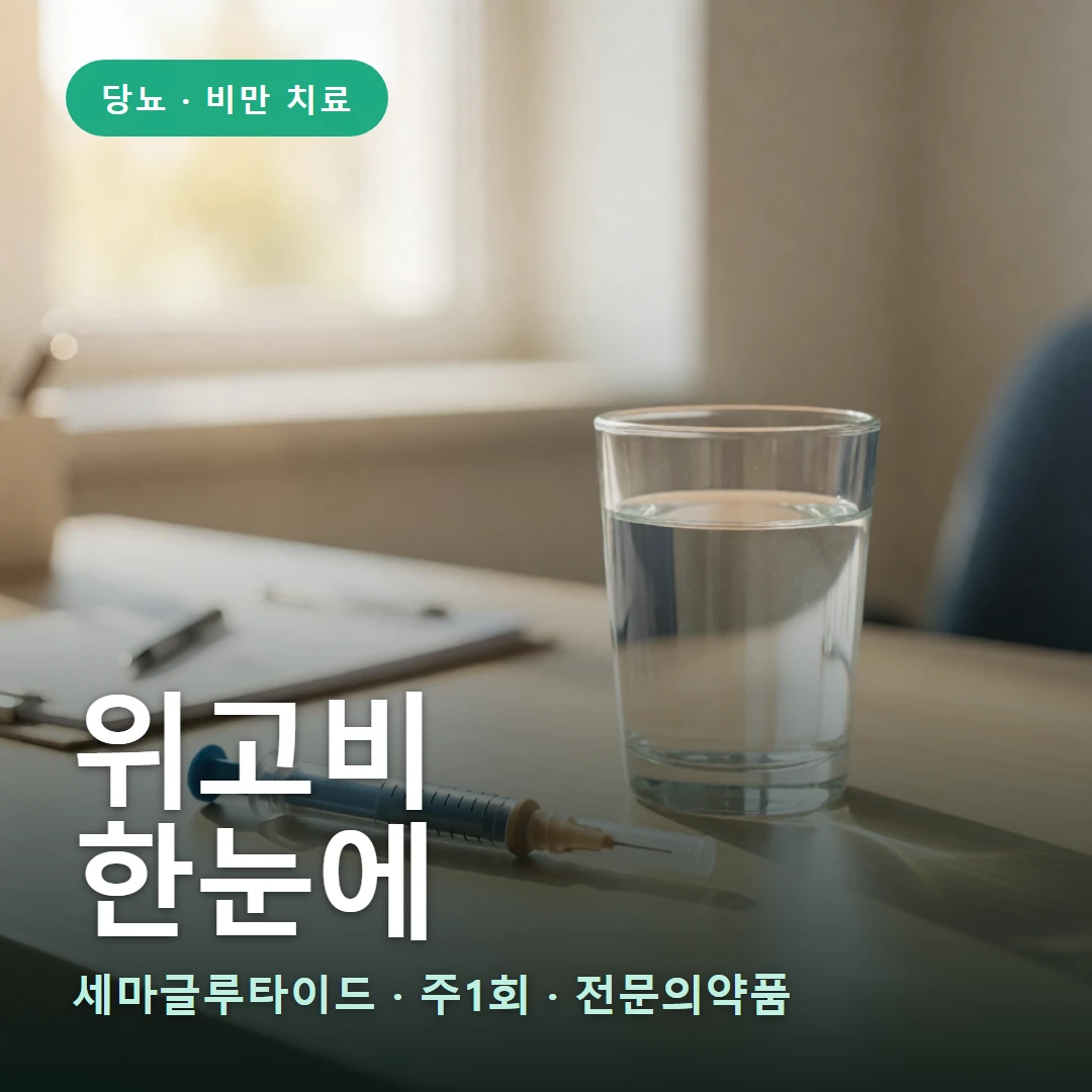 위고비 요약 표지 — 세마글루타이드 · 주1회 · 전문의약품