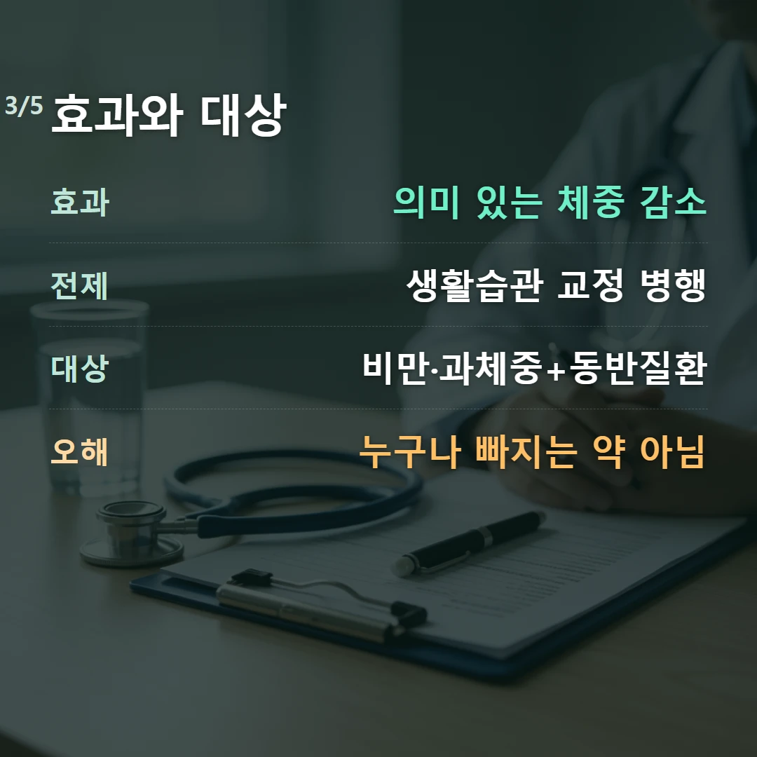 효과와 대상 — 효과 의미 있는 체중 감소, 전제 생활습관 교정 병행, 대상 비만·과체중+동반질환, 오해 누구나 빠지는 약 아님