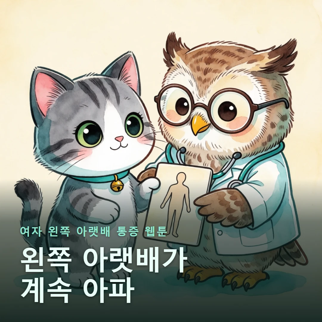 여자 왼쪽 아랫배 통증 웹툰 표지 — 왼쪽 아랫배가 계속 아파