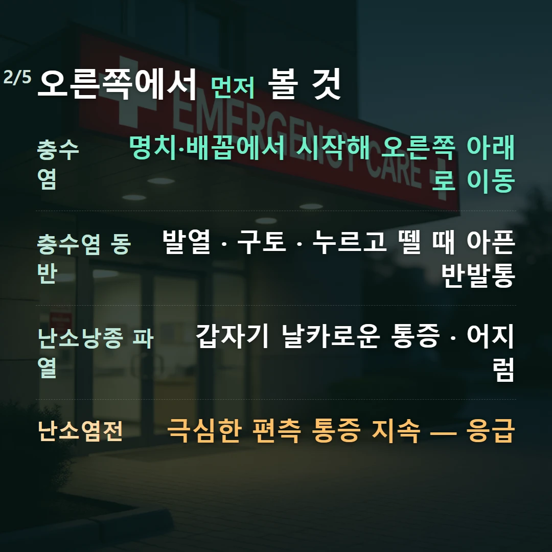오른쪽에서 먼저 볼 것 — 충수염 명치·배꼽에서 시작해 오른쪽 아래로 이동, 충수염 동반 발열 · 구토 · 누르고 뗄 때 아픈 반발통, 난소낭종 파열 갑자기 날카로운 통증 · 어지럼, 난소염전 극심한 편측 통증 지속 — 응급