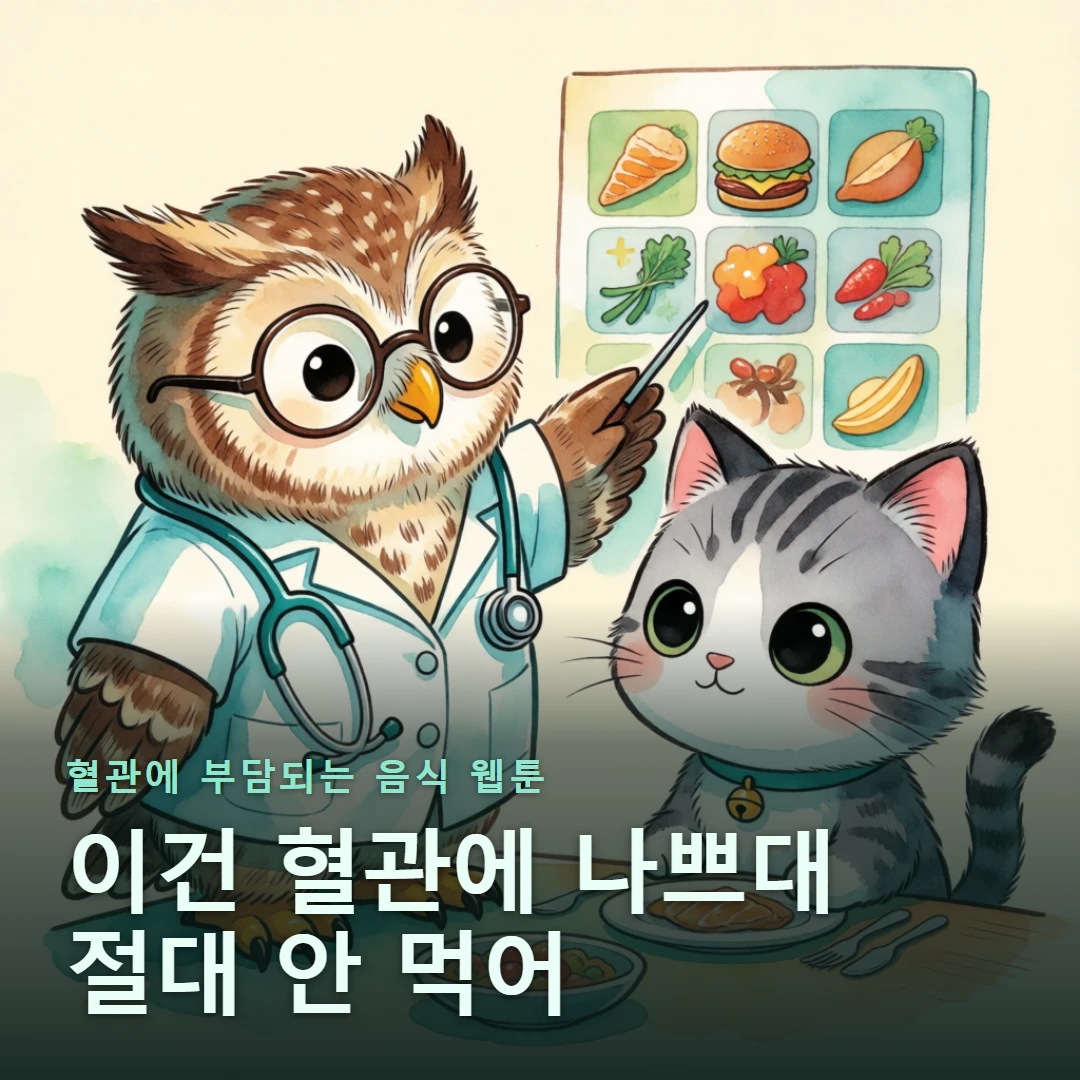 혈관에 부담되는 음식 웹툰 표지 — 이건 혈관에 나쁘대 절대 안 먹어